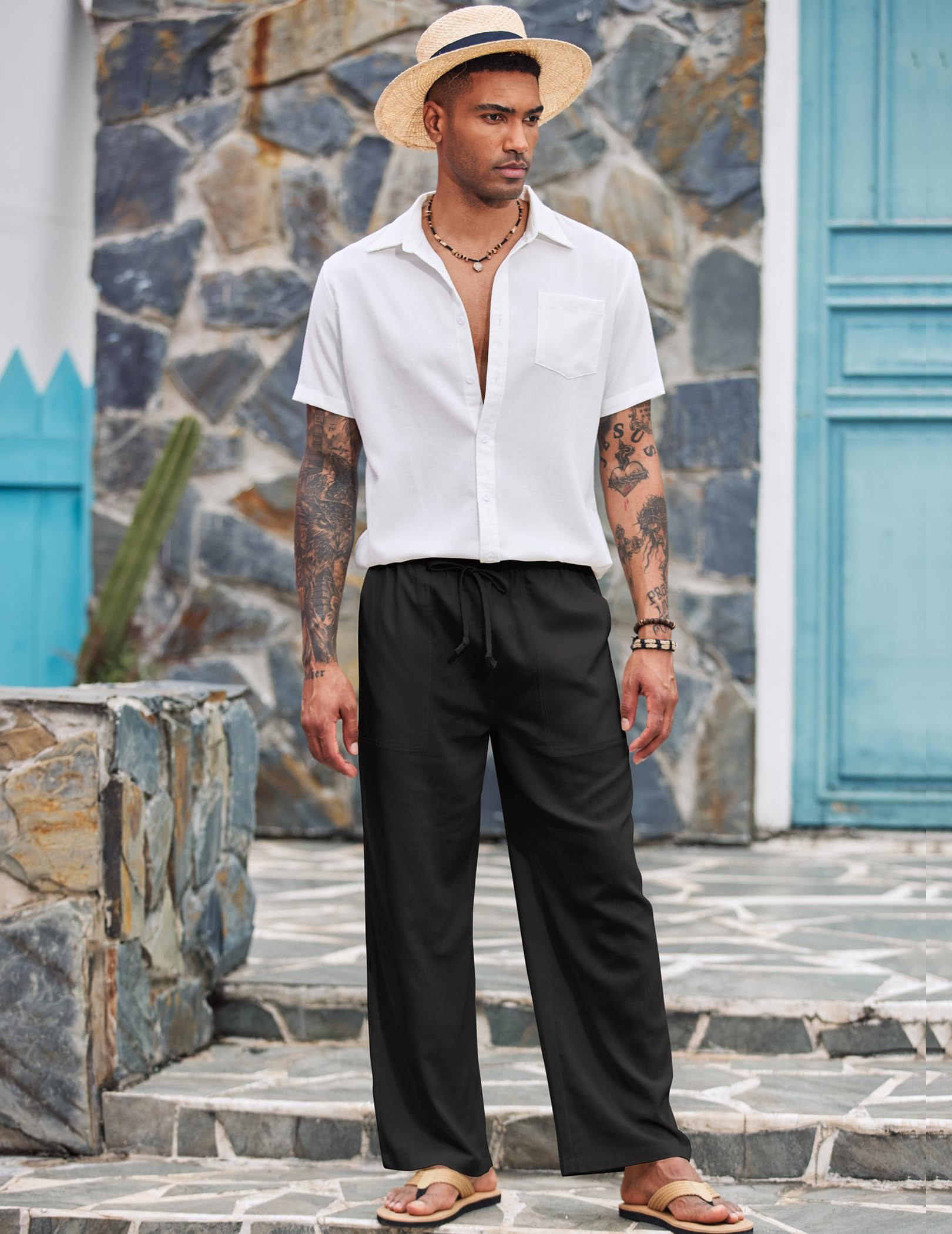 COOFANDY Leinenhose Herren mit Tunnelzug Herrenhose Leicht Sommerhose Freizeithose Einfarbig Leinen Hosen mit Taschen