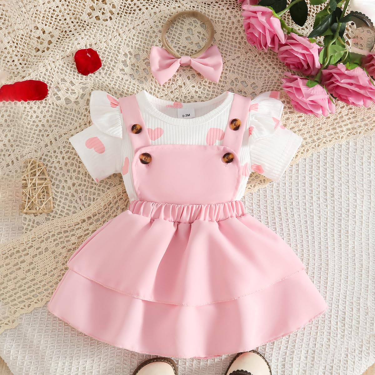 Ensemble Bébé Fille d'été Haut à Manches Courtes Imprimé Mignon+ Salopette à Bretelles Jupe + Bandeau 3 pièces Nouveau-né Vêtements Set 0-18 Mois