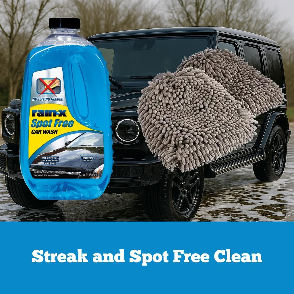 Rain-X 48 fl oz Spot Free Car Wash Soap with 2-Pack Microfiber Wash Mitts (10.44" x 9.06") - Deep Cleaning Bundle for Car Detailing