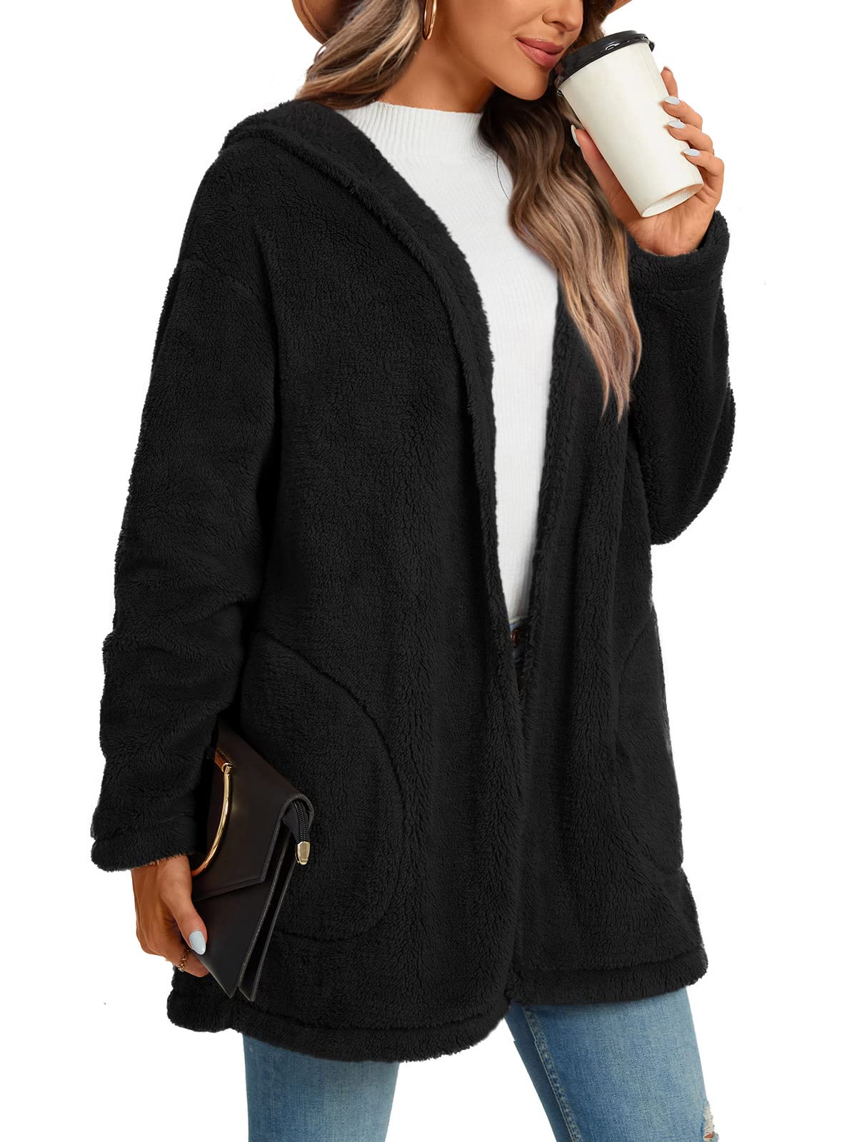 Photo 1 of LONGYUAN 2022 Women's Winter Fleece Jacket Fuzzy Hooded Casual Coats Cardigan Sweaters with Pokets 1-black X-Large