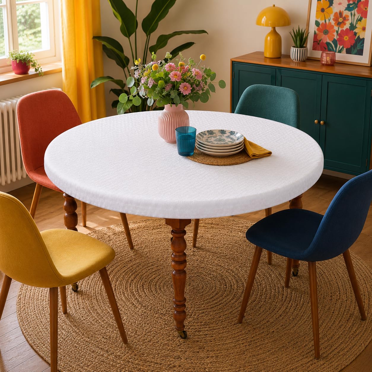 D'CLIC Protège Table Rond Élastiqué 110 à 123 cm – sous Nappe de Protection Mousse PVC molletonnée – Molleton Épais Antichoc et Anti-Tâches – Protection de Table – Fabrication Française