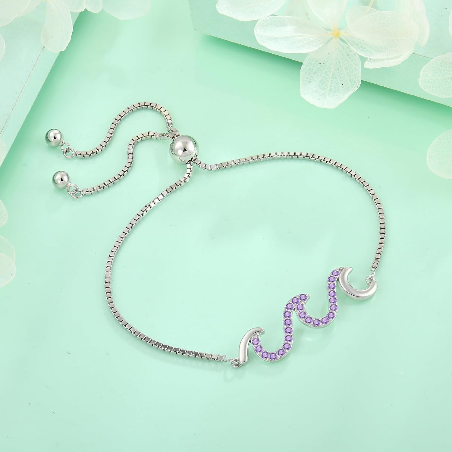STARCHENIE 925 Sterling Silver Wave Bracelet for Women Adjustable Birthstone Bracelet Beach Ocean Jewelry - Image 4