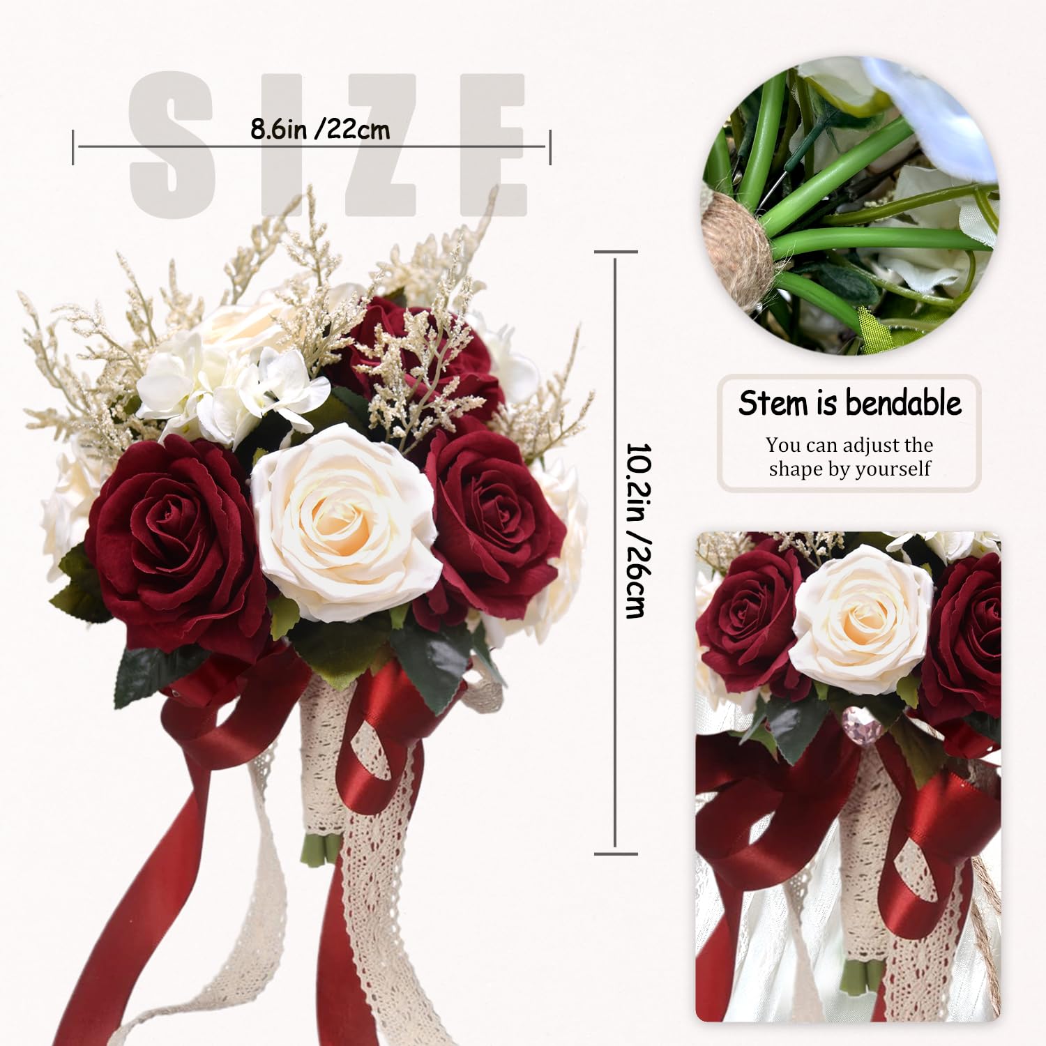 Hochzeitssträuße für Braut, Brautjungfer, weiß, champagnerrot, Burgunderrot, künstliche Rose, künstliche Seidenblumen, Brautsträuße für Hochzeit, mit Band, Boho, rustikale Kirchendekoration