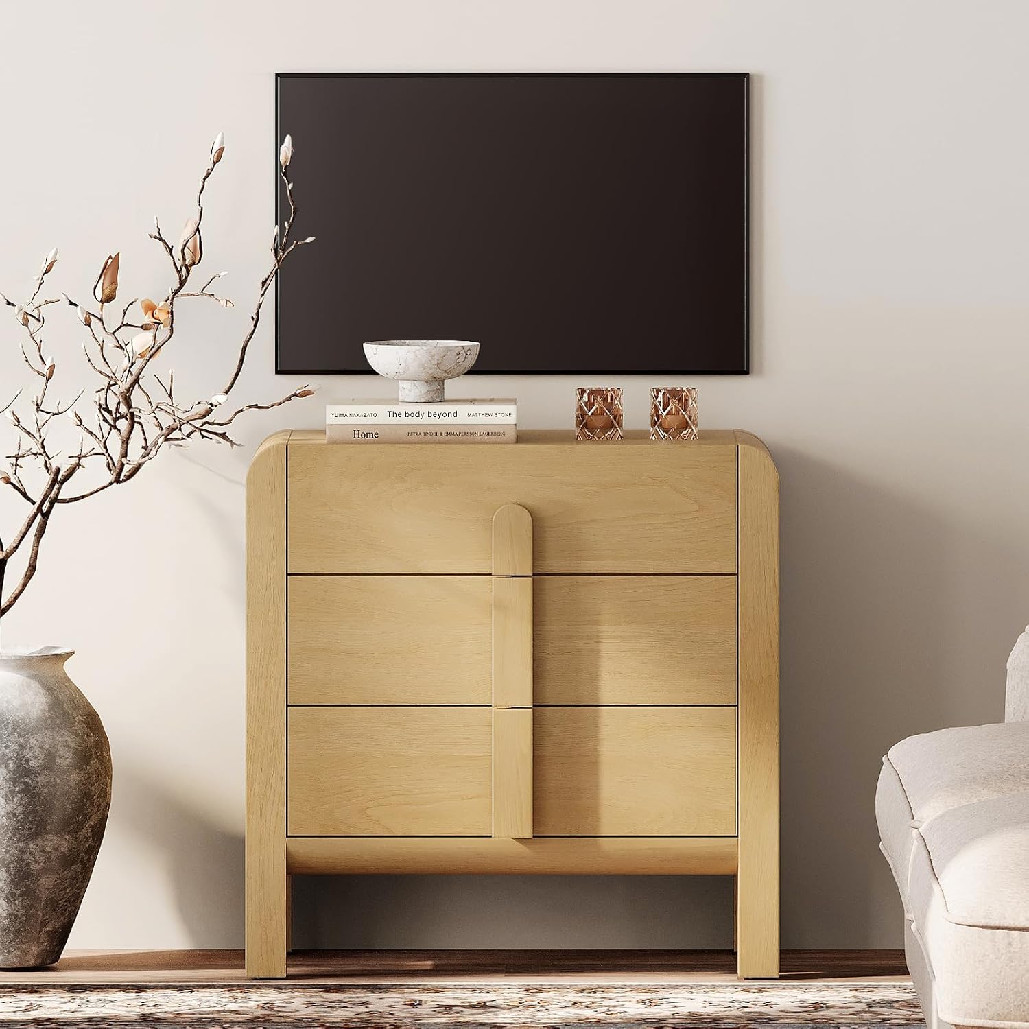 WAMPAT Modern TV Stand Cabinets for 35 Inches TVs, 31.5" W Wood Entertainment Center with 3 Storage Drawers, Dresser TV Stand Media Console Table with Storage for Living Room, Oak