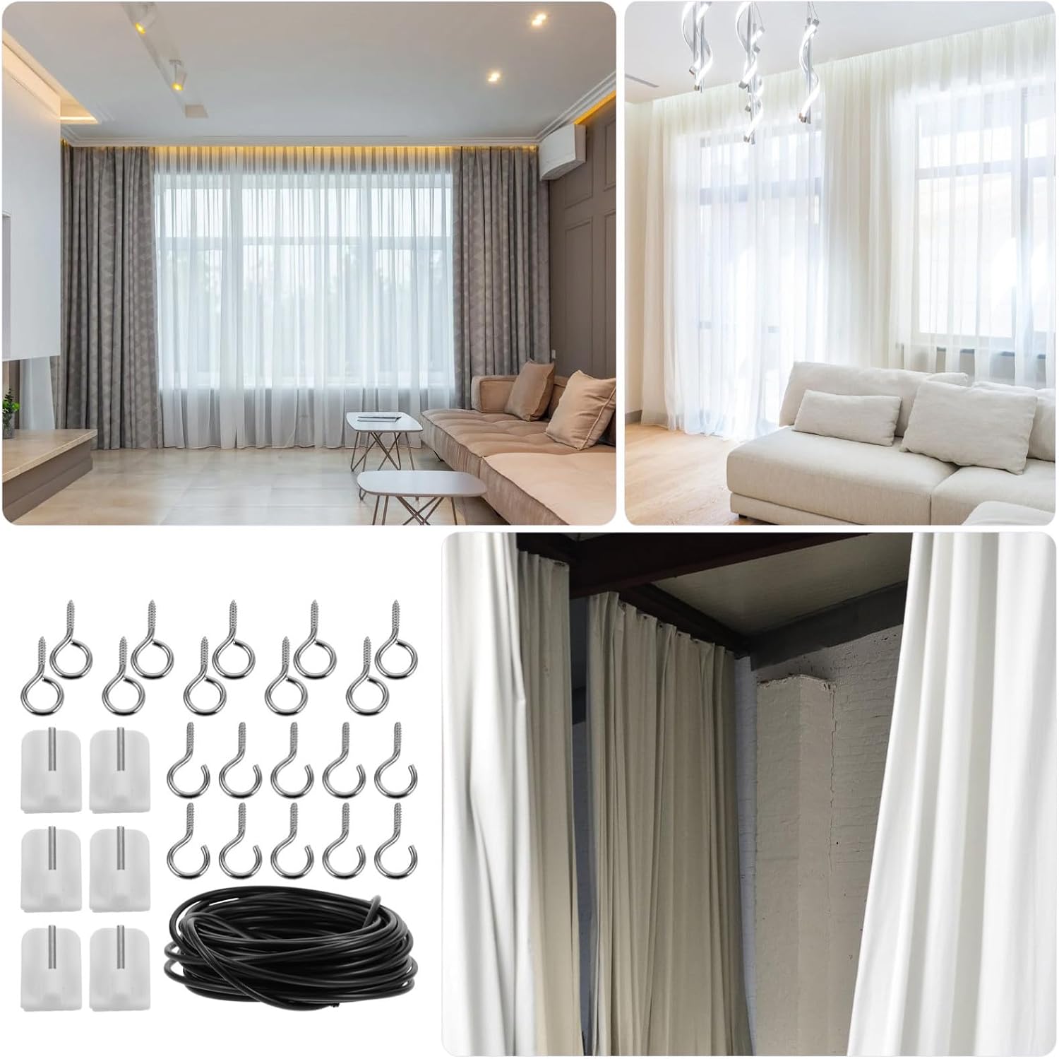 Black Metal 6 Screw 10 Question Eyes and Hooks for, Curtain in Wire Kit Meter Spring Cord with Easy Installation and Great Support Home Window Treatment