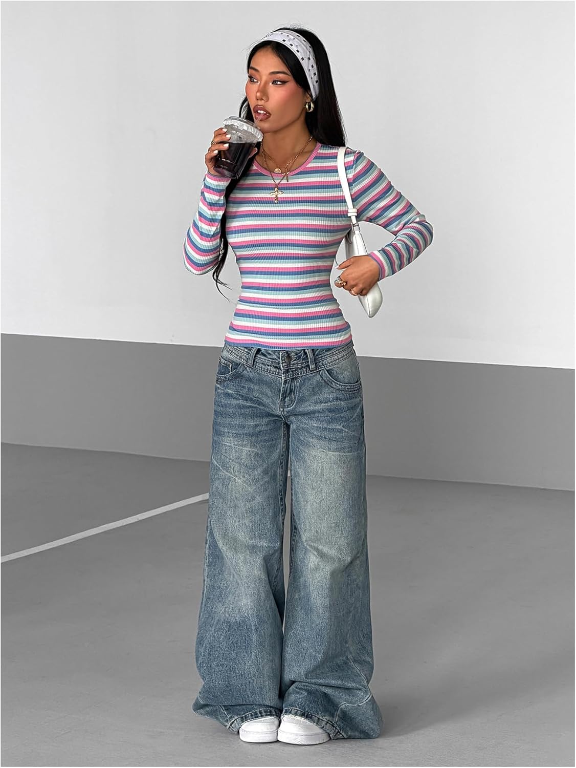 WDIRARA Women's Slim Fit Long Sleeve Striped T Shirt Rib Knit Tee Tops - Image 6