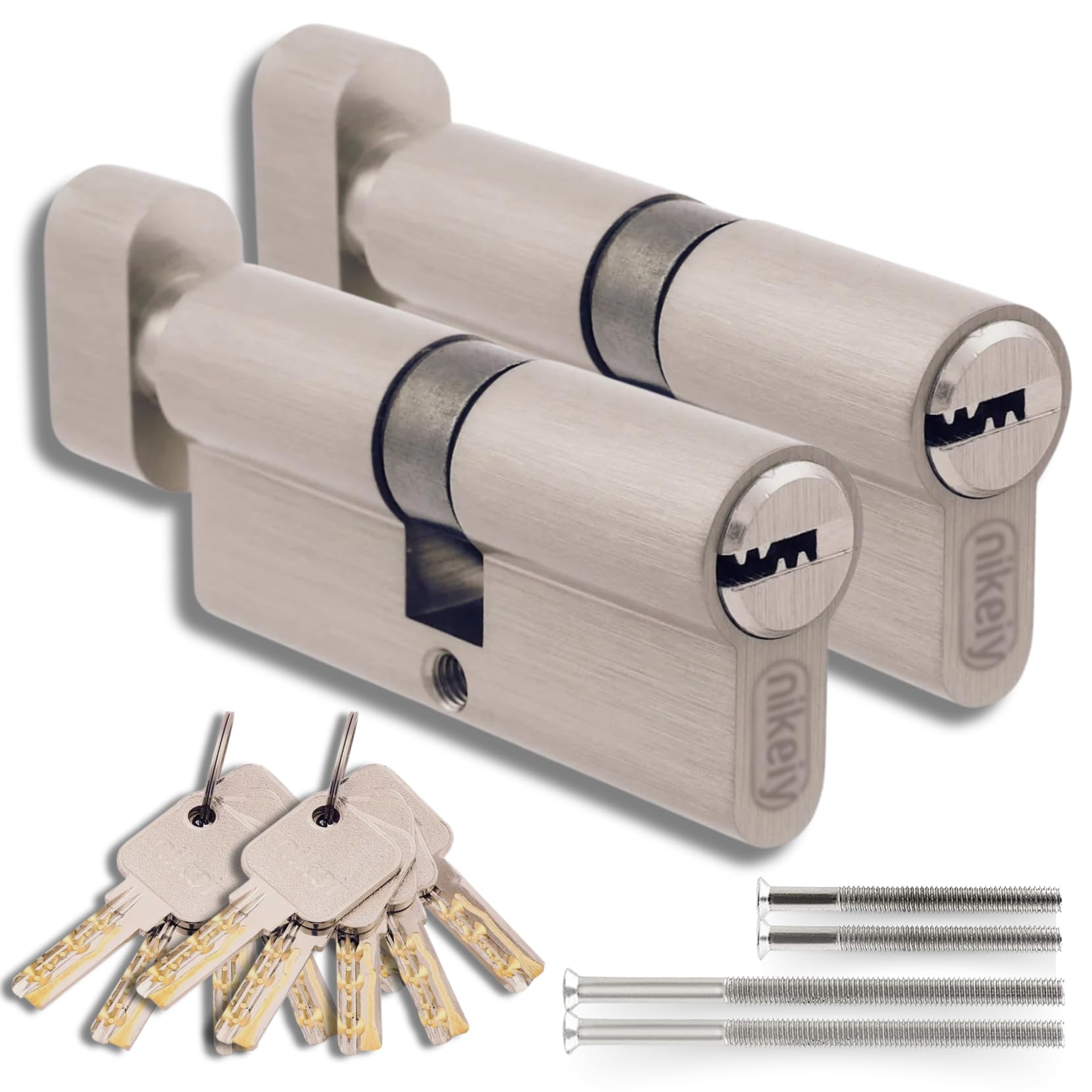 Lot de 2 Cylindres de Serrure en Laiton 30/30 mm avec Bouton, Vis et Clés incluses, Montage facile pour Portes et Garages, Clé unique, Longueur 60 mm