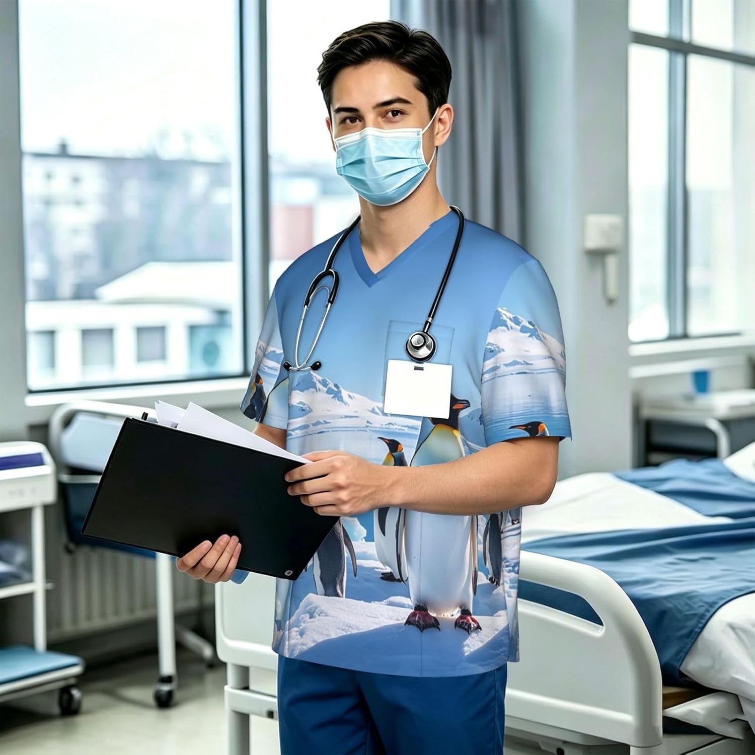 Professional Scrub Tops for Men, Classic V-Neck Workwear with 3 Pockets