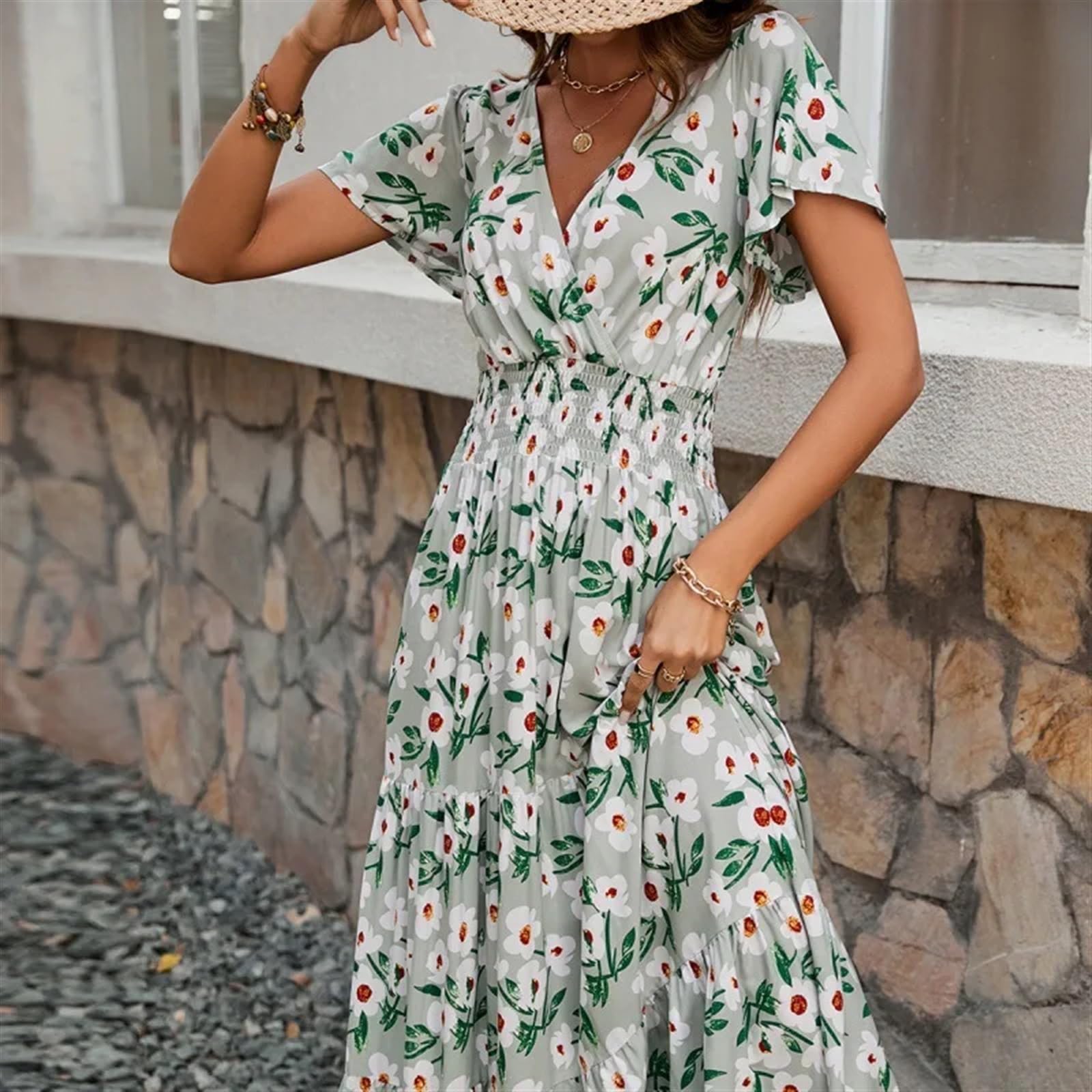Vestido Cruzado con Estampado de Verano for Mujer, Vestido Informal Ajustado de Manga Corta con Cuello en V para Mujer(S)