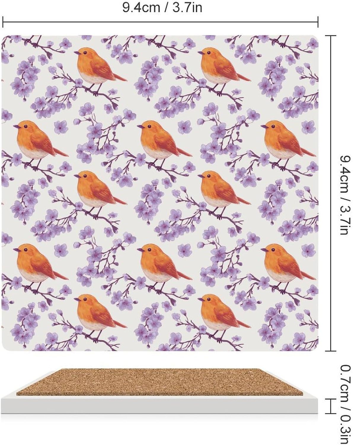 Robin Bird Print Coaster for Drinks Square Ceramic Table Coasters Stone Mat Crafts 6PCS Home Kitchen Decor