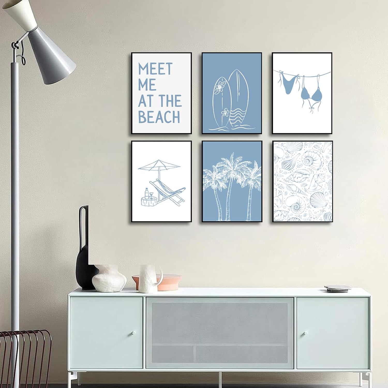 ZUGHRERF 6pcs Blue Coastal Canvas Wall Art Trendy Preppy Bikini Shells Poster Prints Ocean Themed Painting Artwork Beach Aesthetics Picture for Teen Girls Room Dorm Decoration 12"x16"Unframed