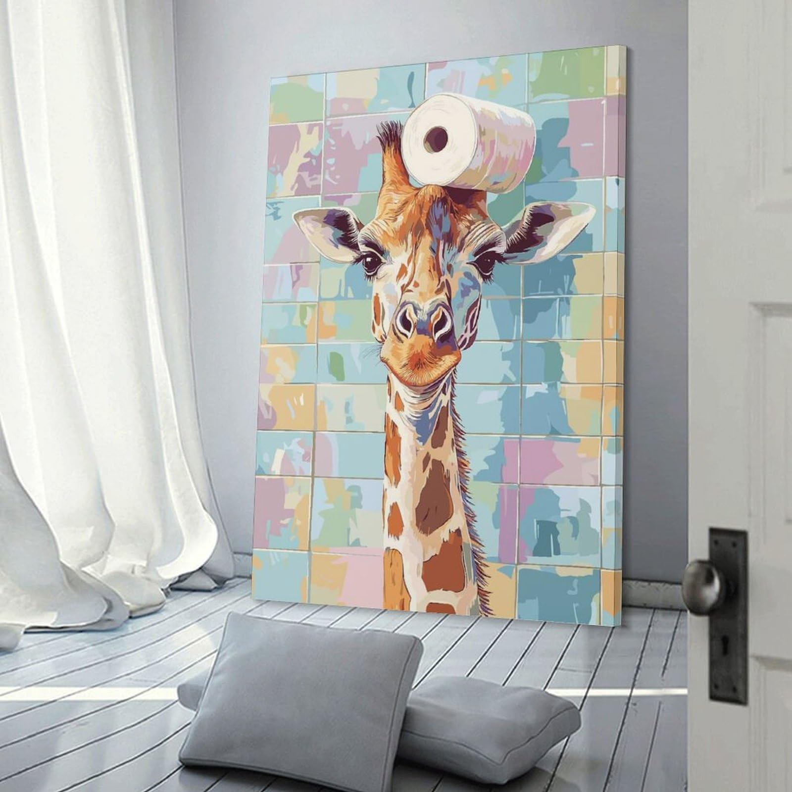 Junmoney Frame-Style-1 Canvas Wall Art Giraffe With Toilet Paper On Head, 20X30inch(50X75cm), For Living Room, Bedroom, Office Or Hallway, Decorative Artwork With Broad Appeal