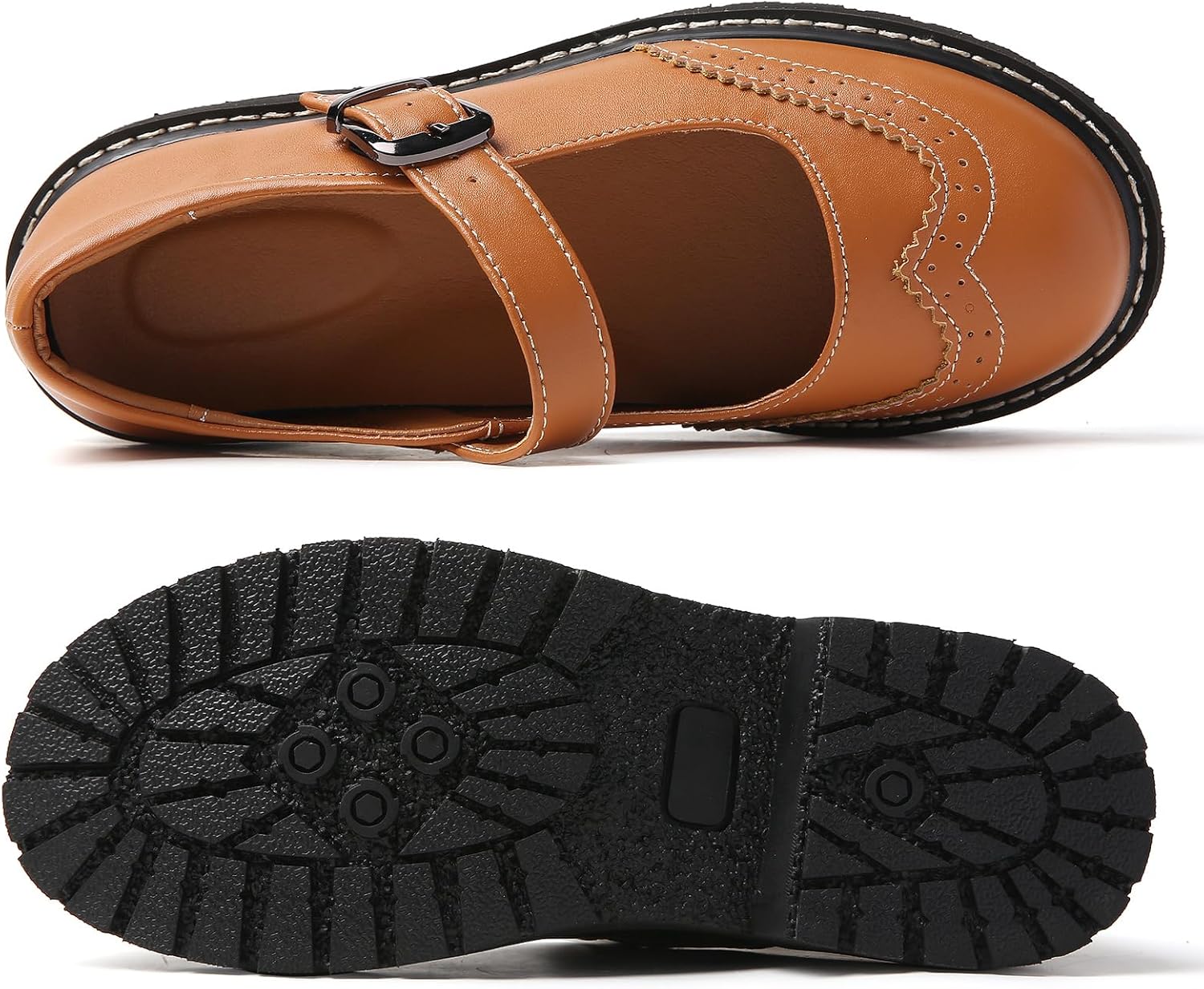 Mary Jane Shoes Women Platform Non-Slip Classics Round Toe Ankle Strap Brogue Style Comfort Casual Oxford Dress Work Mary Jane Flat Shoes - Image 4