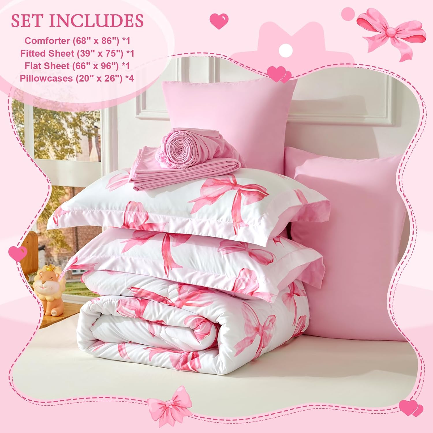 Wajade 7 Piece Pink Bow Comforter Set for Girls Twin Size Cute Bedding Set Bed in A Bag (1 Comforter, 1 Flat Sheet, 1 Fitted Sheet, 2 Pillowcase and 2 Pillow Sham)