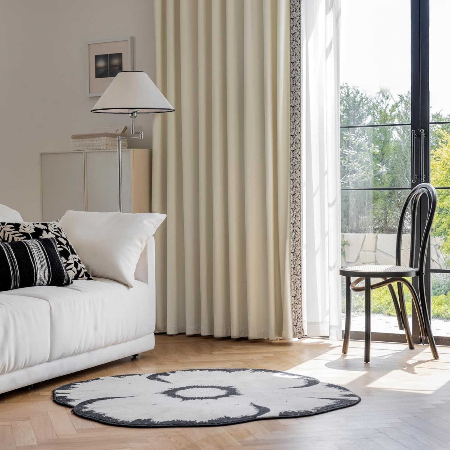 Beige Velvet Curtains with Black - White Embroidered Trim, Elegant Living Room Decor(White, 50" W x 108" L (Pack of 2))