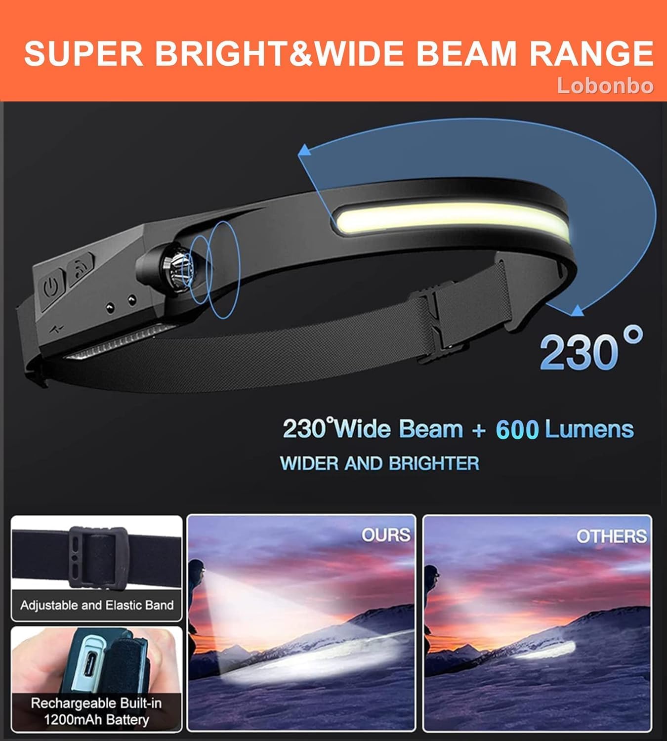 Headlamp Rechargeable, 230° Wide Beam Head Lamp,Portable Lightweight headlaght with Motion Sensor- Adults Camping Accessories Gear,Waterproof Head Light Flashlight for Cycling Fishing Repairing (5PCS)