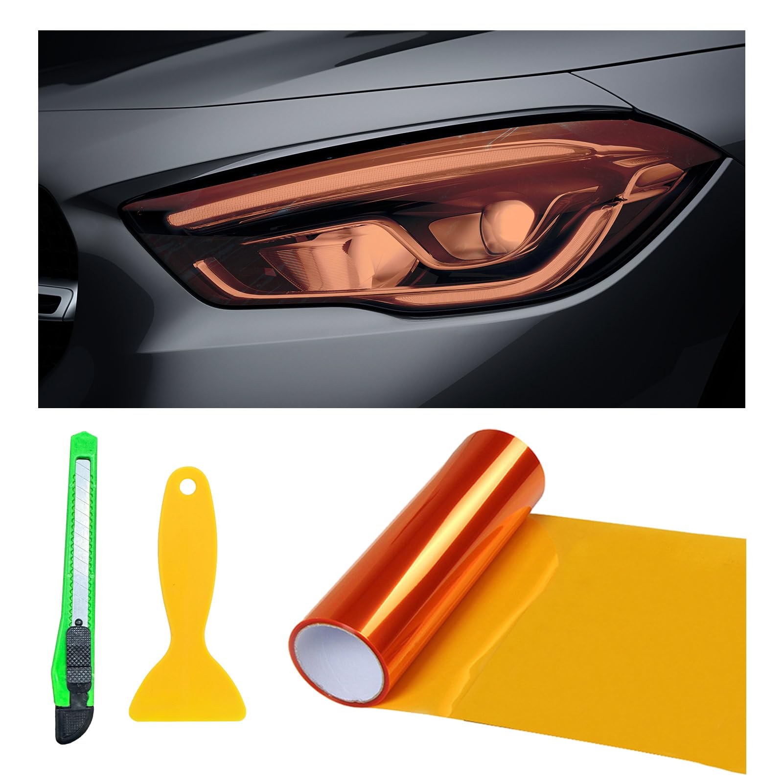 12 × 48 Inch Car Light Tint Film, Shiny Chameleon Headlights Tail Lights Fog Lights Films with Squeeze &amp; Cutter, Self Adhesive Vinyl Film Sticker Sheet Roll Car Accessories (Orange)