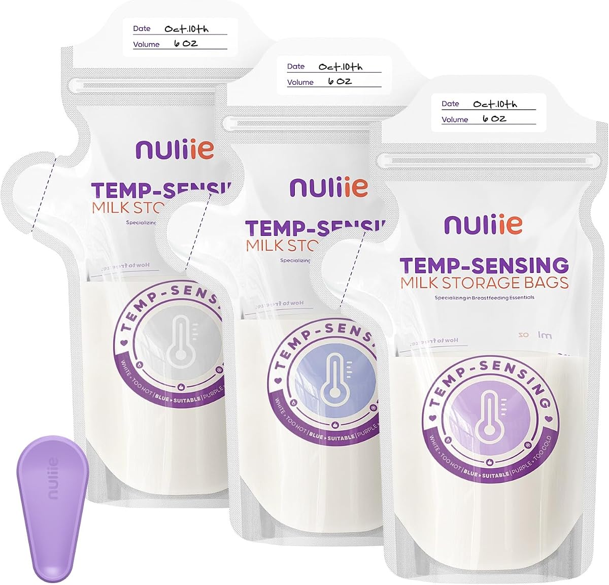 Nuliie 100 bolsas de almacenamiento de leche materna con sensor de temperatura, enorme icono con sensor de temperatura y abrazadera de bloqueo, bolsas de almacenamiento de leche materna de 6 oz con pico vertedor para congelador, bolsas de almacenamiento de leche independientes Leche materna, sin BPA, sin fugas | Sin fugas con abrazadera de bloqueo, pico vertedor, bolsas de leche materna independientes de 6 oz para elementos esenciales de lactancia