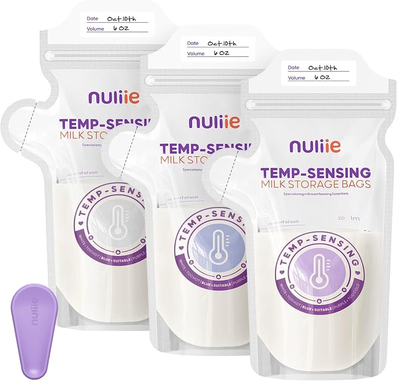 Nuliie 100 bolsas de almacenamiento de leche materna con sensor de temperatura, enorme icono con sensor de temperatura y abrazadera de bloqueo, bolsas de almacenamiento de leche materna de 6 oz con pico vertedor para congelador, bolsas de almacenamiento de leche independientes Leche materna, sin BPA, sin fugas | Sin fugas con abrazadera de bloqueo, pico vertedor, bolsas de leche materna independientes de 6 oz para elementos esenciales de lactancia