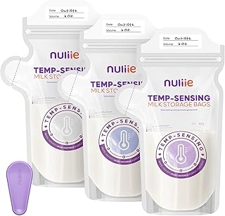 Nuliie 100pcs Temp-Sensing Breastmilk Storage Bag, Huge Temp-Sensing Icon & Locking Clamp, 6oz Breast Milk Storage Bags Freezer Pour Spout, Self Standing Milk Storage Bags Breastmilk, BPA-Free No-Leak