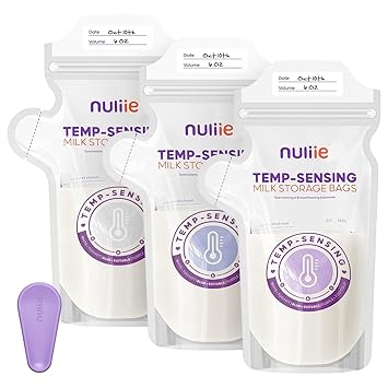 Nuliie 120pcs Temp-Sensing Breastmilk Storage Bag, Huge Temp-Sensing Icon & Locking Clamp, 6oz Breast Milk Storage Bags Freezer Pour Spout, Self Standing Milk Storage Bags Breastmilk, BPA-Free No-Leak
