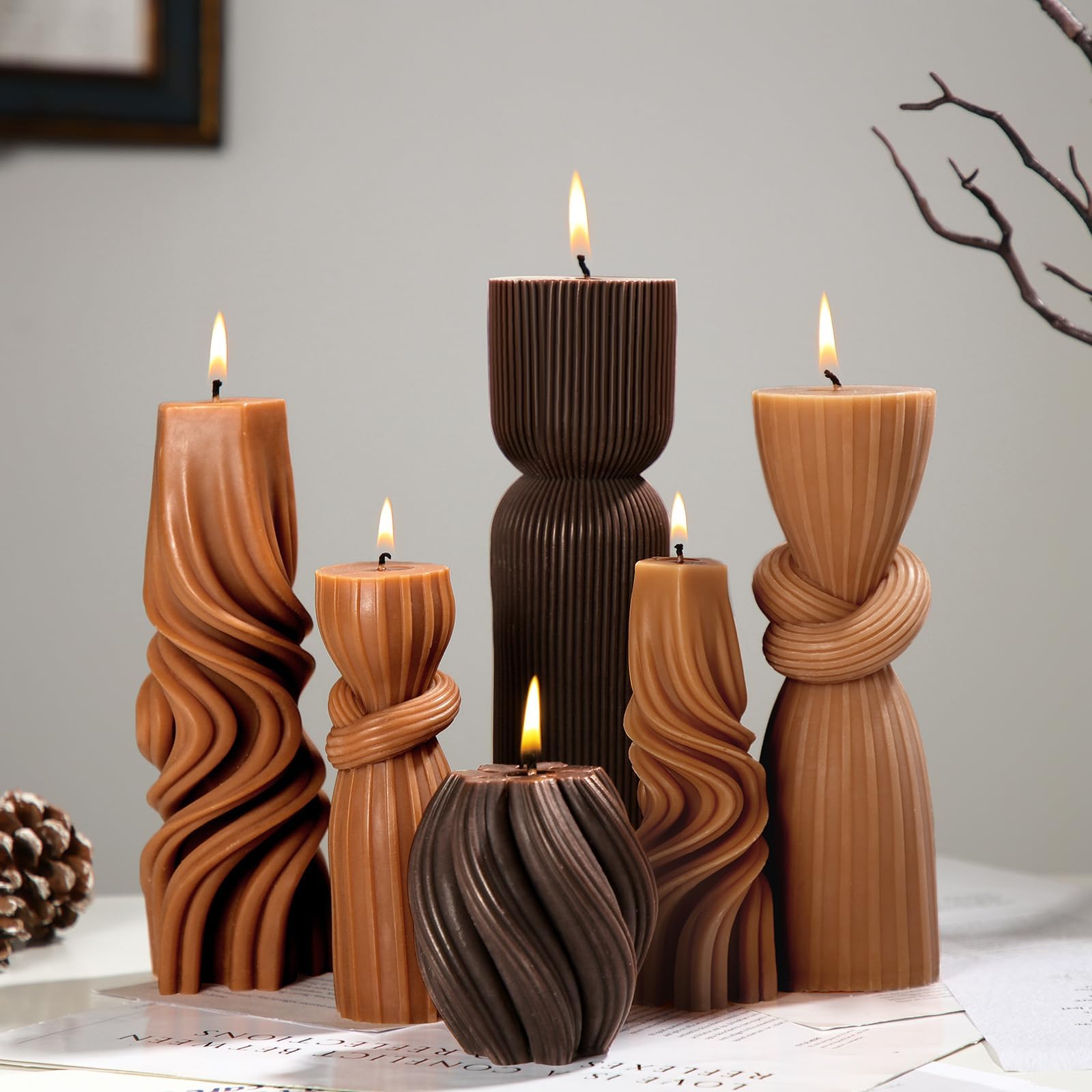 6 Pcs Pillar Candles Modern Aesthetic Ribbed Decorative Candle Set Cute Soy Wax Scented Ribbed Decor for Home(Brown,3.4-9 Inch)