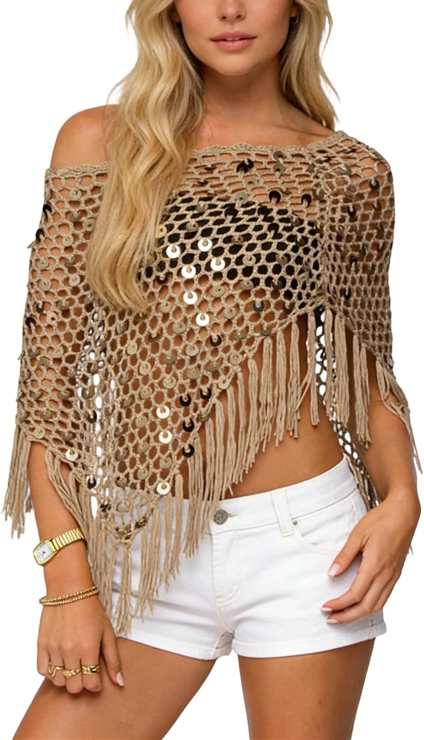 Women Sheer Poncho Tops Crochet Knit Tassels Sequin Shrug Bolero Hollow Out Cover Ups Pullover Shawl