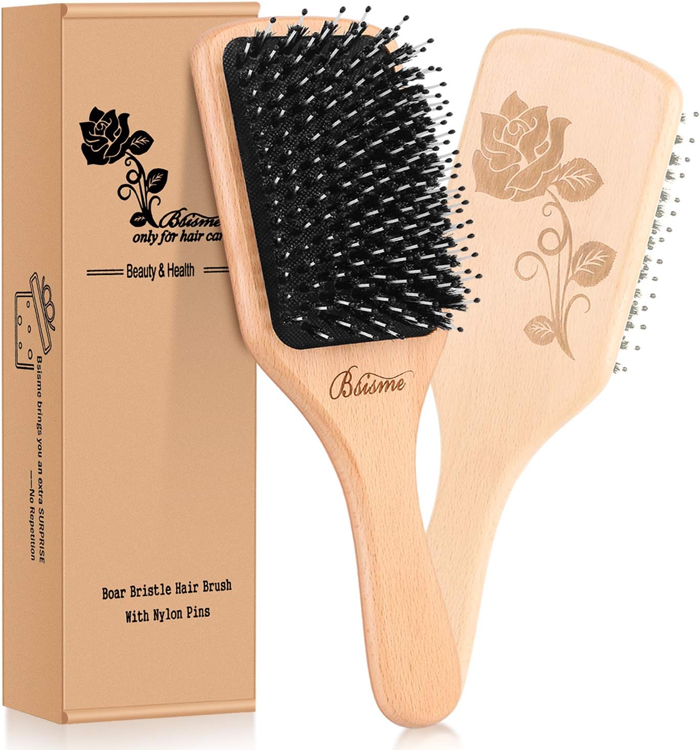 Bsisme Hair Brush-Boar Bristle Hairbrush with Detangling Pins Wooden Paddle Detangler Hairbrush for Women Men Reduce Frizz Dry Restore Natural Shine