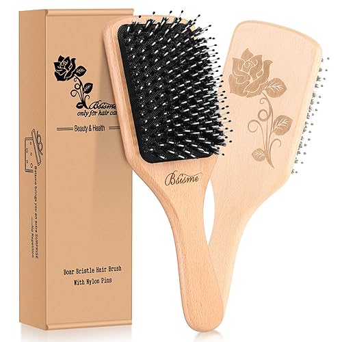 Bsisme Cepillo para el cabello cepillo de cerdas de jabalí con pasadores desenredantes cepillo desenredante de madera para mujeres y hombres reduce