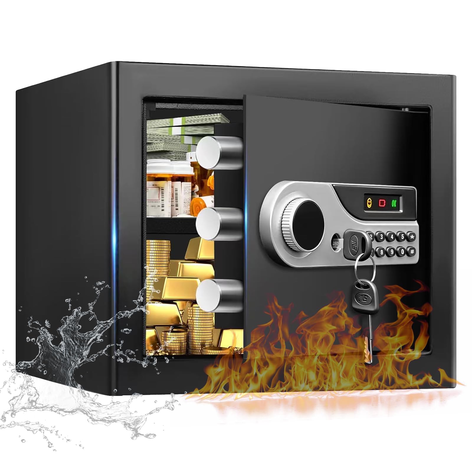 Photo 1 of 1.3 Cuft Small Home Safes Water and Fireproof, Digital Security Safe Box with Programmable Keypad and Key Lock, Anti-Theft Fire Safe Document Box for Home Money Medicine Valuables