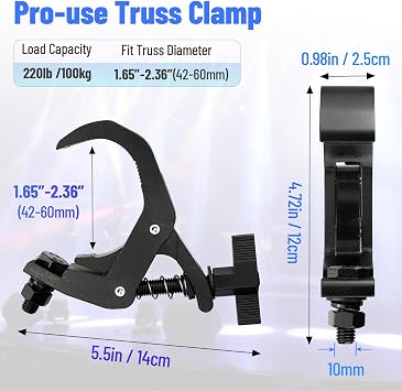 1.65-2.36 Inch Truss Clamp Black 4 Pack, Czgor Heavy Duty 220lb Stage Light Clamp Aluminum lighting C-Clamp Fit OD 42-60mm of Pipes, DJ Light Clamps for Par Light Moving Head Stage Stage lighting