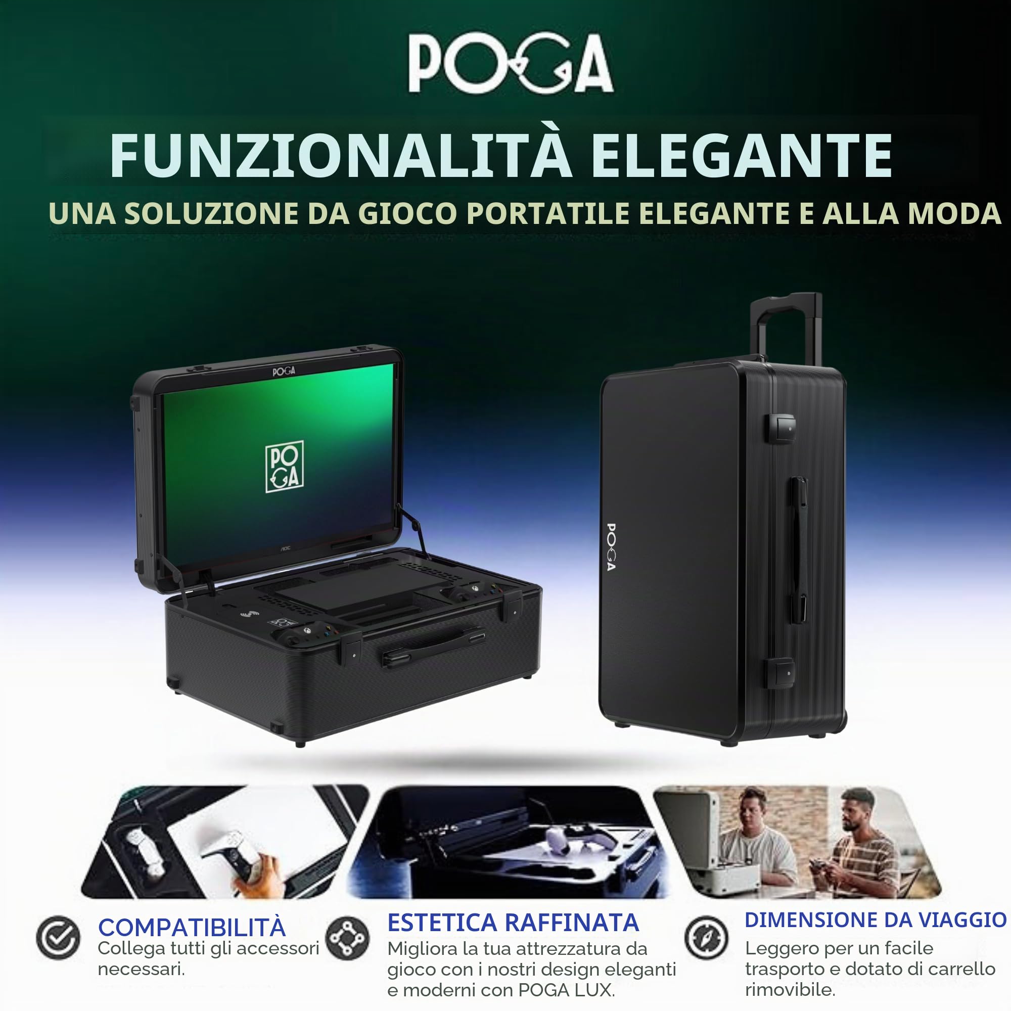 POGA SLY Black - Valigetta da gioco (compatibile con Xbox Series X) con trolley e monitor da gioco AOC da 24", colore: Nero