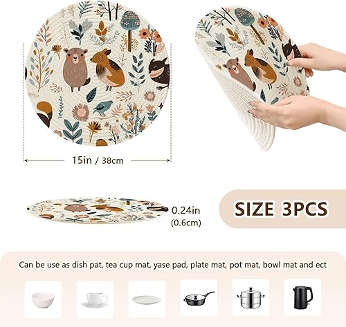 Miniatura 2 de 3 Pcs Microwave Trivet Fox Birds and Plants Pattern for Hot Pots and Pans 15in Cotton Thread Weave Heat Resistant Placemats for Instant Pot Camper