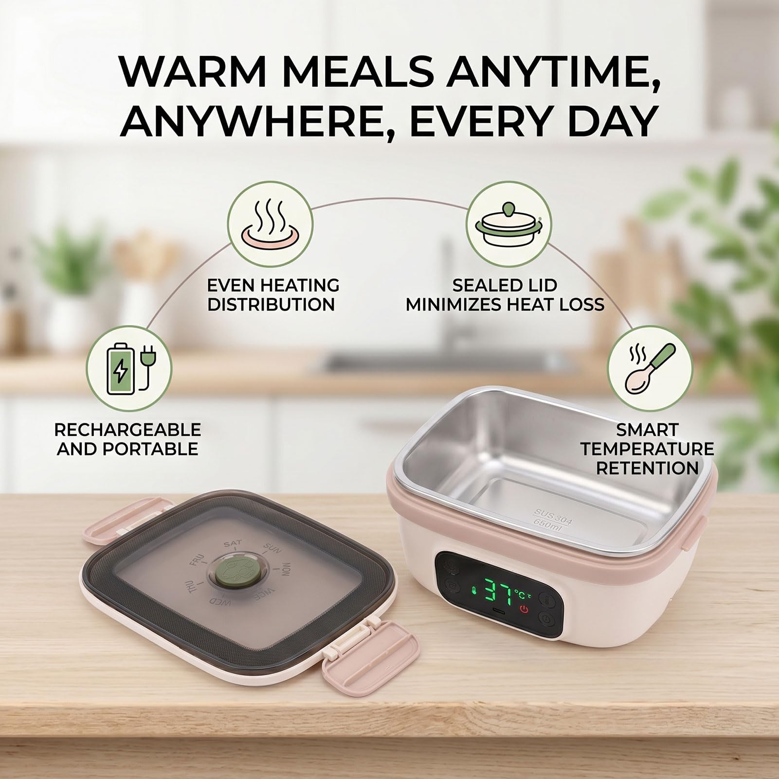 Pssopp Portapranzo Riscaldato, Scaldavivande Elettrico Alimentato a Batteria Ricaricabile Senza Fili in Acciaio Inossidabile 304 Portatile per Auto da Ufficio Riscaldamento Veloce e (Piccola)