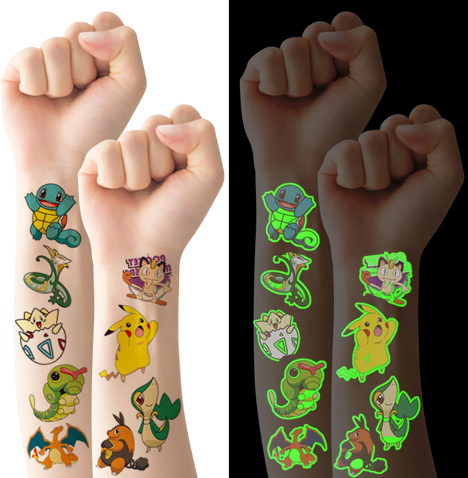 ACWOO Temporary Tattoo for Kids, 6 Sheets Glow In The Dark Cartoon Pika Tattoo Stickers, Waterproof Luminous Fake Tattoo Stickers Set for Boys Girls Birthday Gift Party Bag Filler
