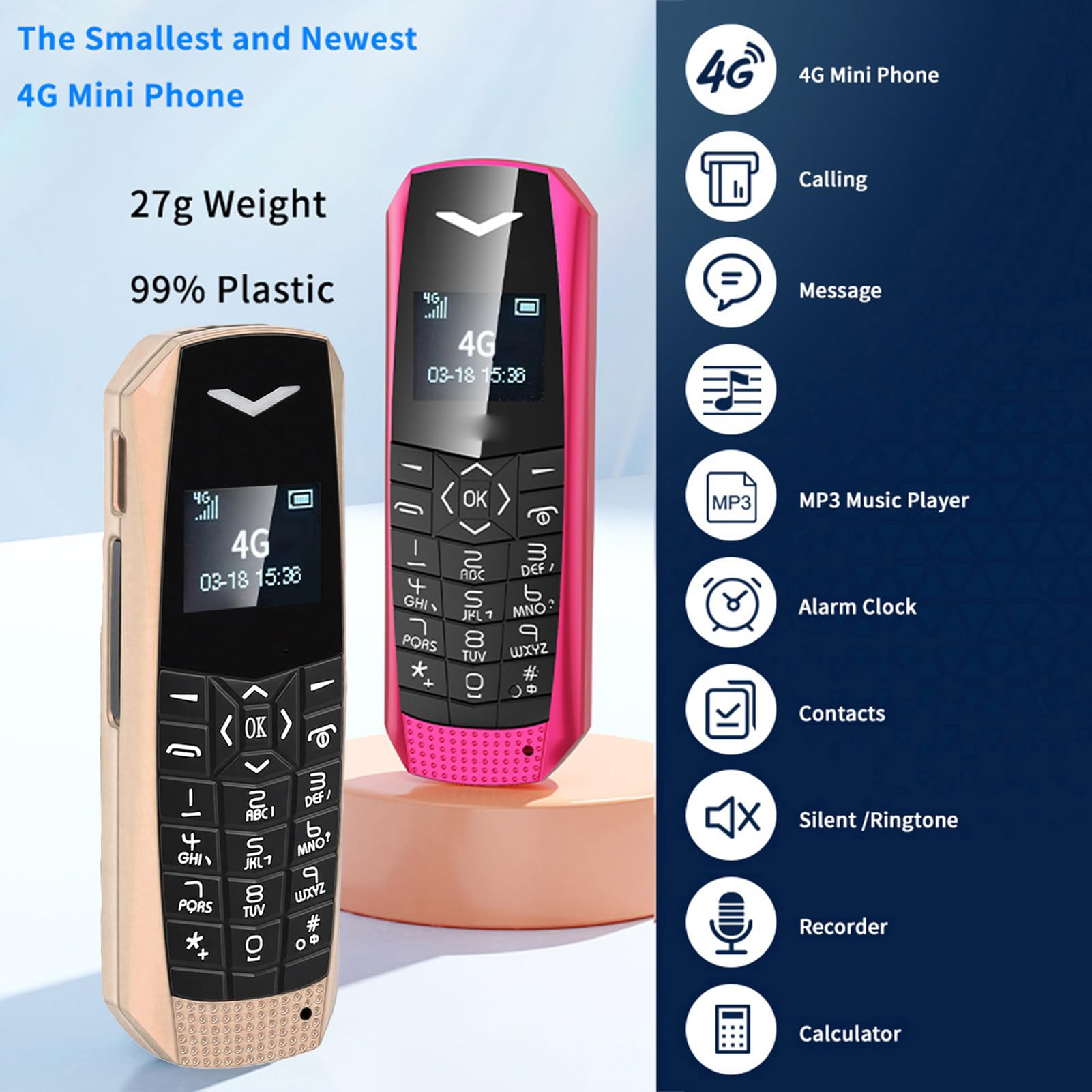 Telefono Cellulare per Anziani Sbloccato 4G LTE Compatto per Chiamate Agli Anziani Messaggi SOS Emergenza per Viaggi di Lavoro (70 X 23 X 12 mm) (GOLD)