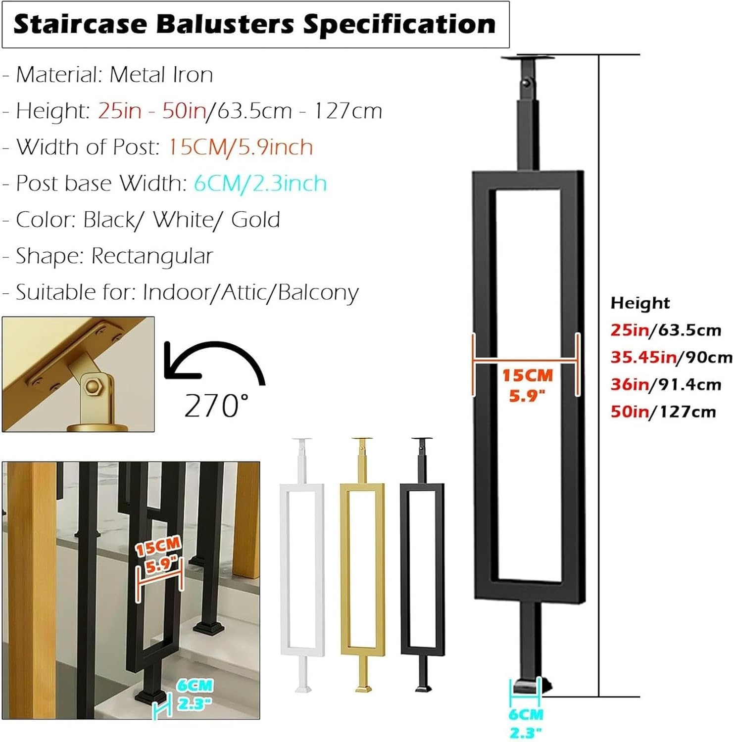 25 35 36 50 in Stair Spindles Posts Modern, Indoor Staircase Balusters Kit Adjustable Slant Porch Stairway Railing Banister Side/Floor Mounted, with Install System Hardware