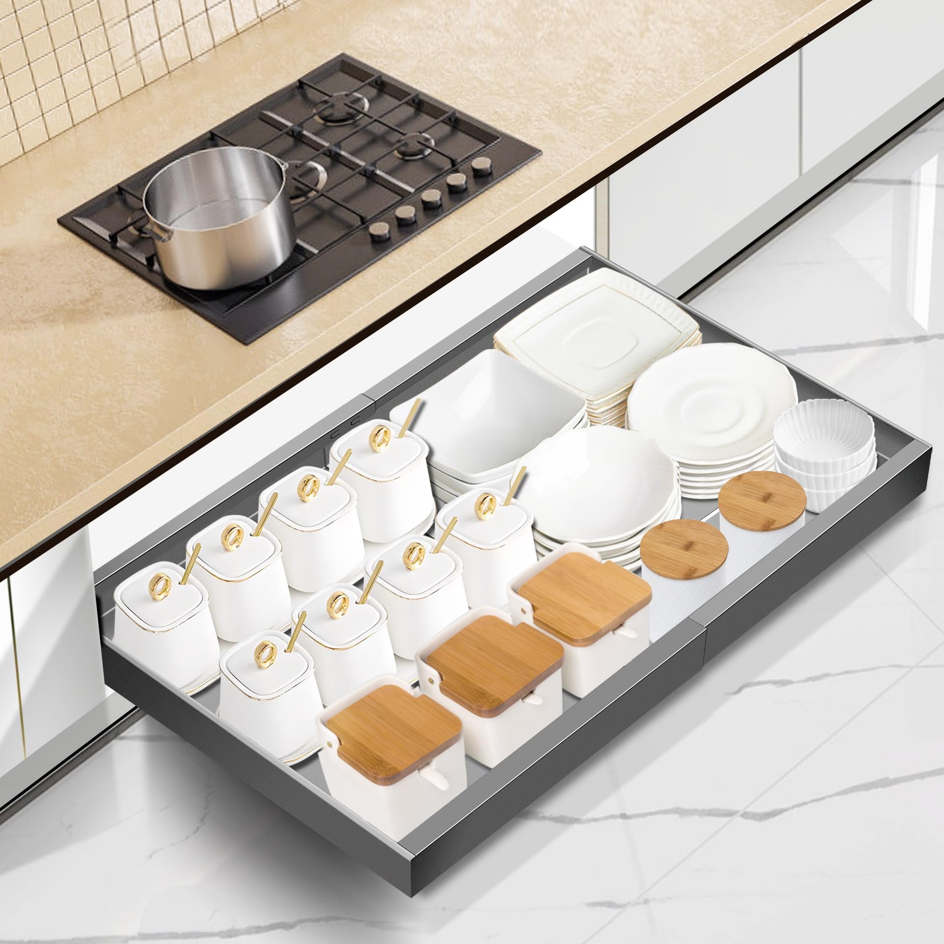 Mimoke Erweiterbarer Ausziehbarer Schrank Organizer, Küchen Teleskopschublade mit Kleber, Aufbewahrung Schubladen Organizer für Küche/Bad (Titangrau, Breite 40–68 cm, Tiefe 42 cm) Küche, Haushalt & Wohnen