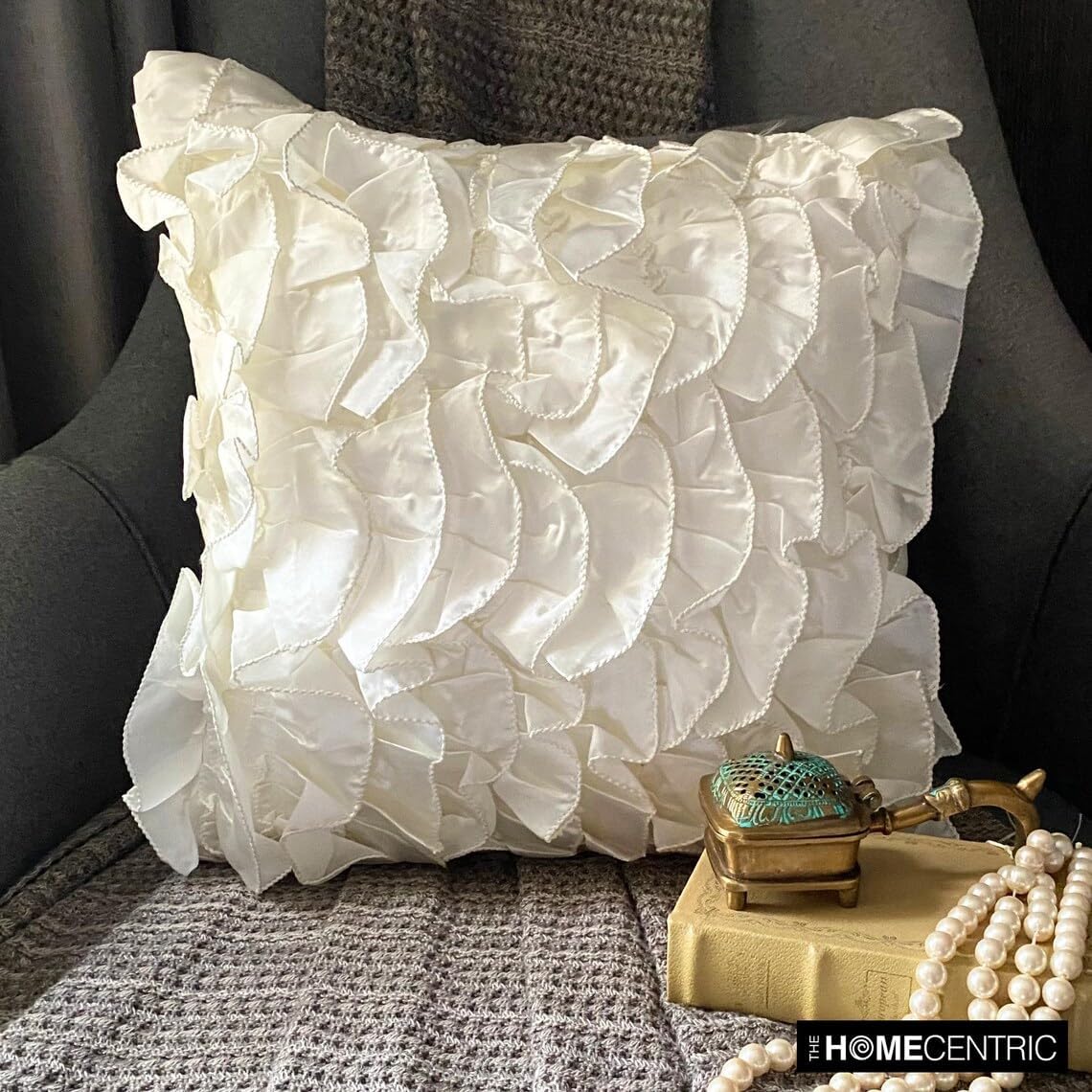 The HomeCentric Cushion Covers for Couch, Ivory Decorative Pillow Covers 16x16 inch (40x40 cm) Satin Throw Pillow Covers, Solid Color, Ruffles, Victorian Pillow Covers for Couch Easter - Vintage