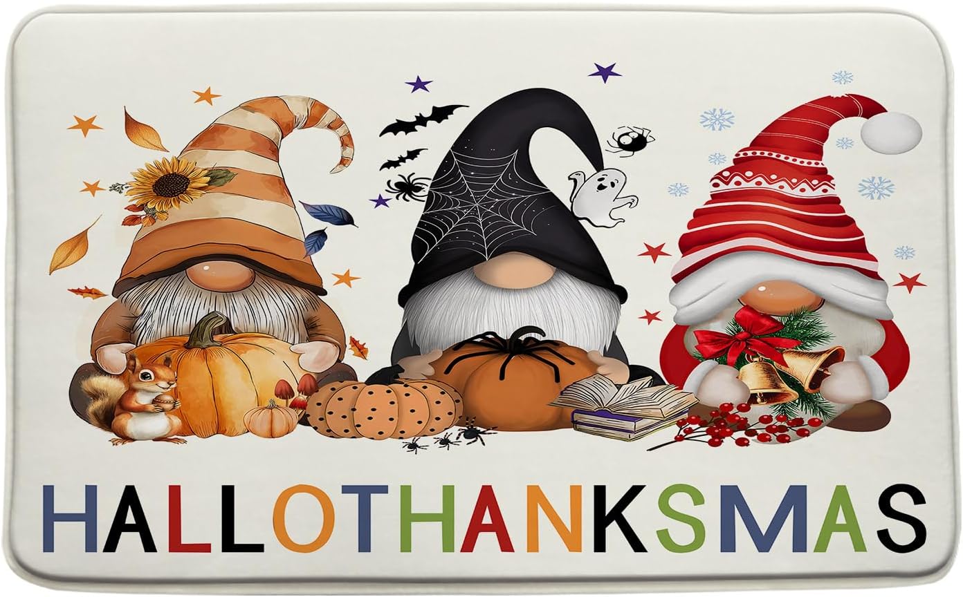 Halloween Hallothanksmas Gnome Bath Mat,Fall Autumn Thanksgiving Christmas Orange Black Red Bathroom Kitchen Runner Rug,24x70 Inch