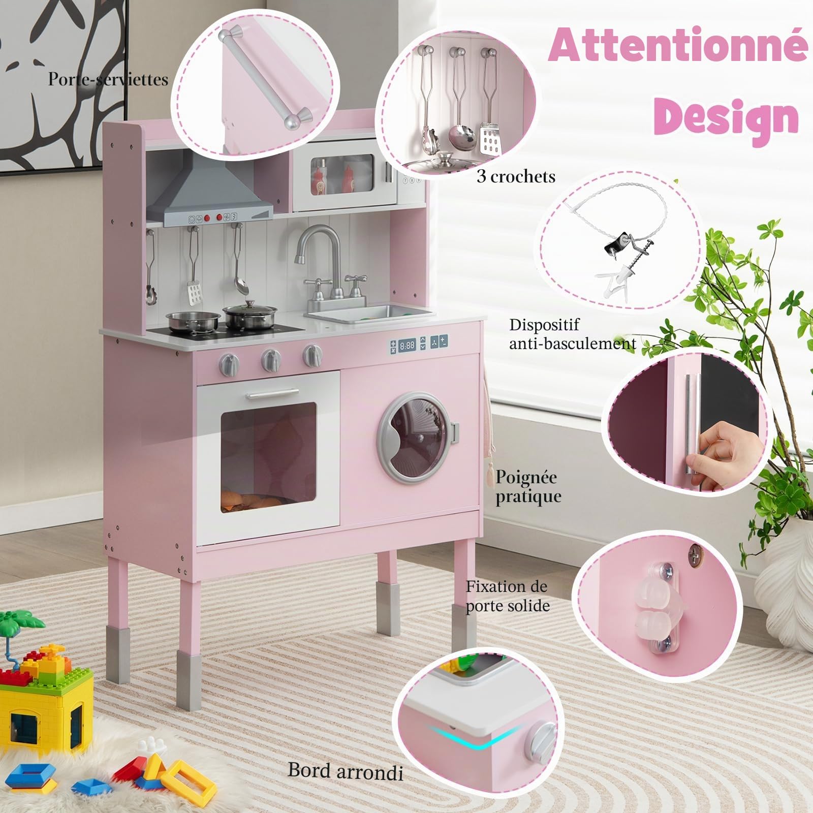 HOMASIS Cuisine jouet avec hauteur réglable, hotte, micro-ondes et téléphone, sons et lumières, cuisine de jeu en bois pour enfants de 3 ans et plus, rose (71 x 29 x 101 cm)