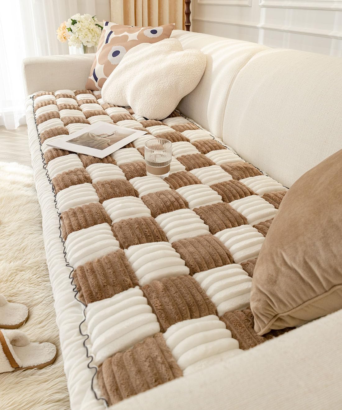 Buffalo Check Sofa Cover Thick Plush Couch Cover Non Slip Washable Slipcover Furniture Protector Furry Fuzzy Area Rug Mat for Kids, Dogs, Pets (Brown,28"x83")