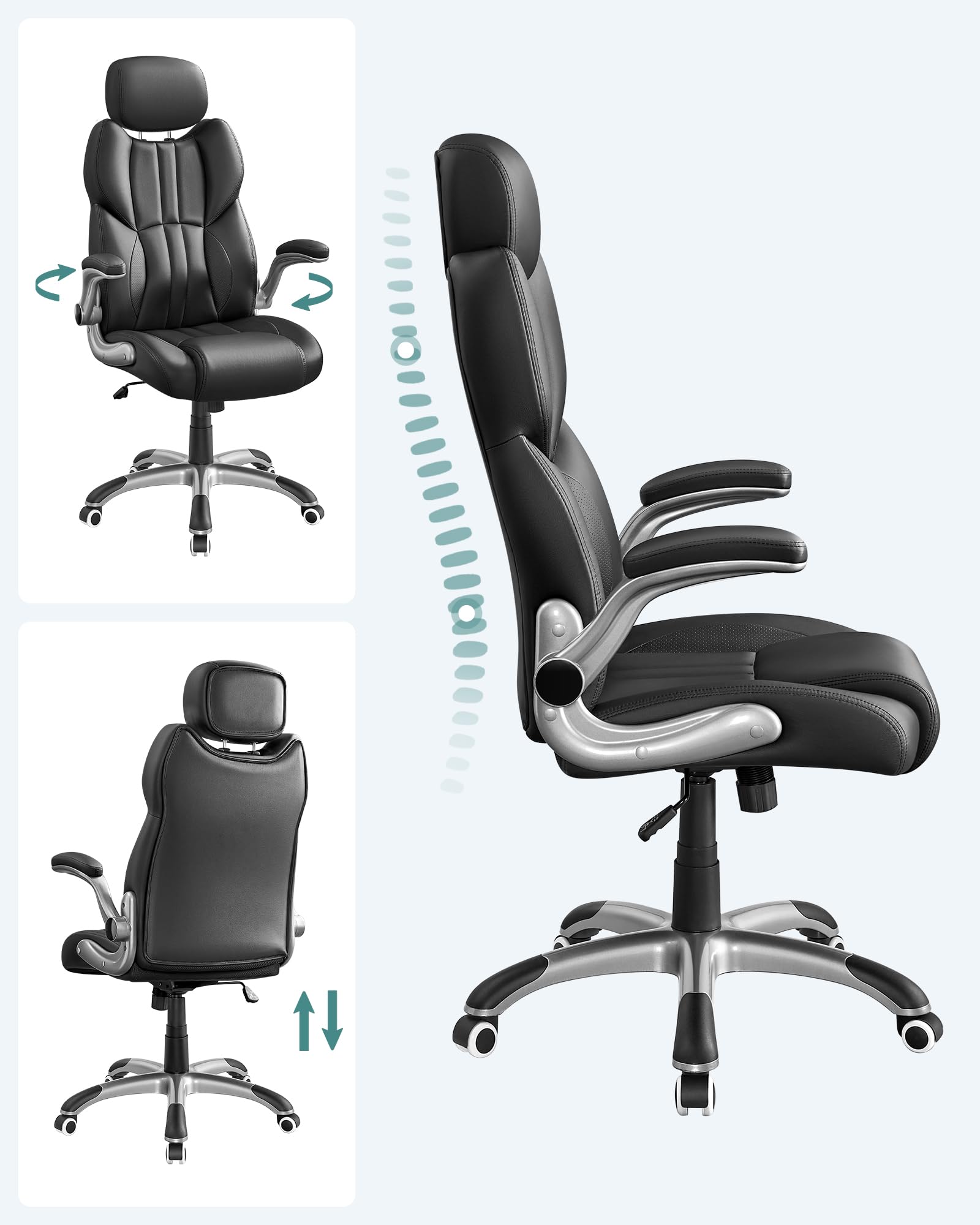 SONGMICS Chaise de Bureau, Fauteuil Gamer Ergonomique, Siège, Mécanisme à Bascule, Accoudoirs Pliables, roulettes Pivotantes, Hauteur Réglable, Chaise E-Sport, Noir d'encre OBG65BK