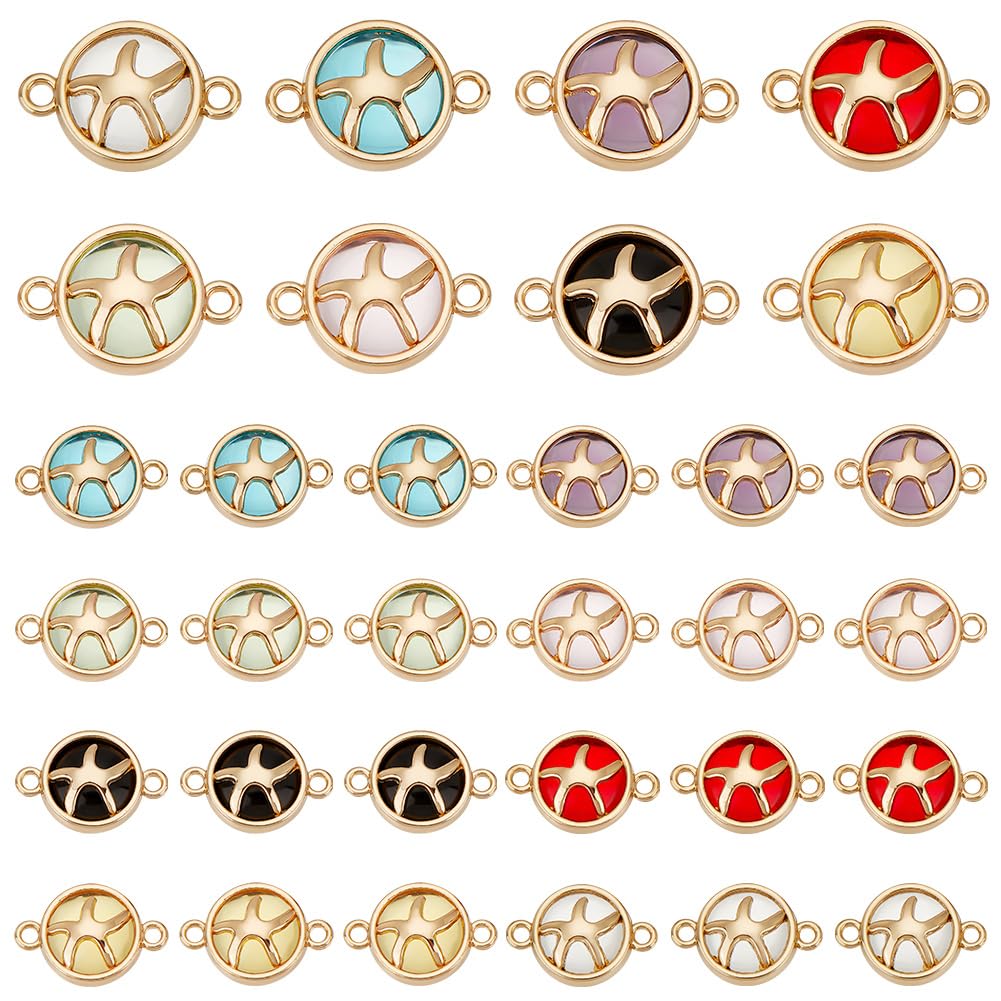 PH PandaHall 32 Pieces 8 Color Starfish Charms, Double Hole Glass Link Charms Flat Round Starfish Connector Beads for DIY Bracelet Necklace Jewellery Making Seaside Summer