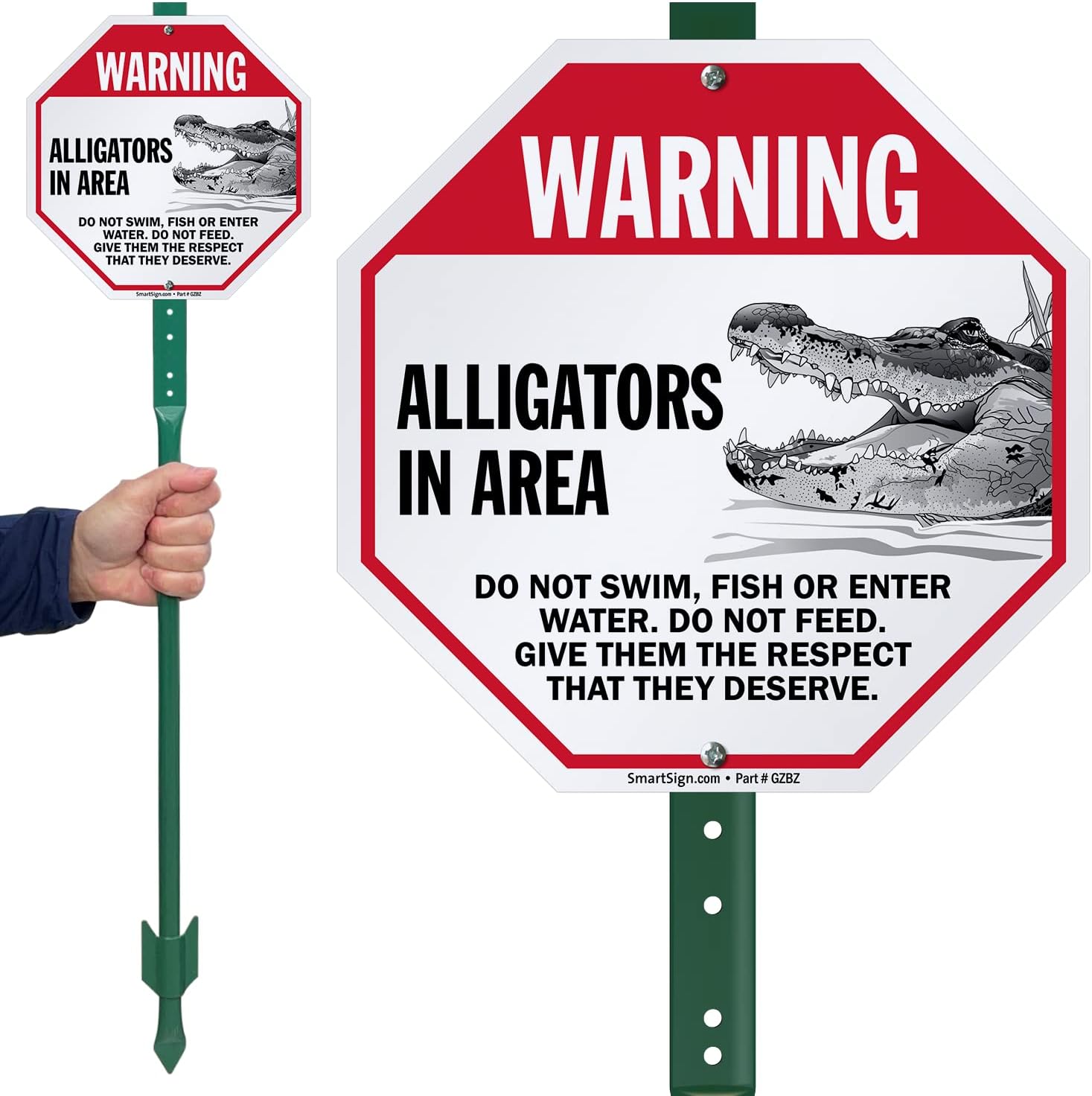 SmartSign 10 x 10 inch “Warning - Alligators In Area, Do Not Swim, Do Not Feed” Octagon Yard Sign with 3 foot Stake, 40 mil Laminated Rustproof Aluminum, Red, Black and White, Set of 1