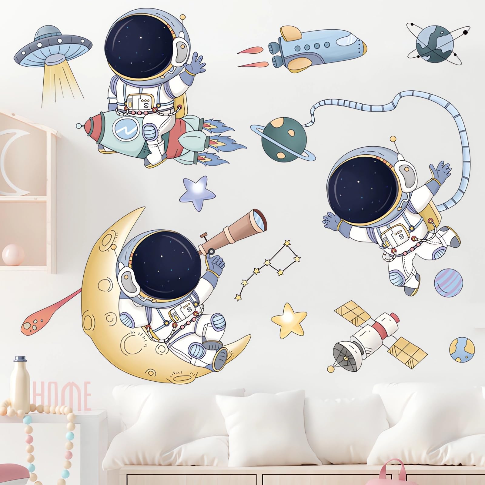 Excefore Astronaut Wall Stickers, Cute Cartoon Space Cosmic Flying Saucers Wall Decals DIY Removable Large Wall Art Decoration, Peel and Stick, for Boy Kids Nursery Living Room Bedroom Children's Room