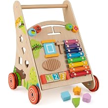BABY JOY Wooden Baby Walker, Push and Pull Sit to Stand Learning Activity Center, Montessori Educational Toy, Push Walker with Wheels & Storage for Boys Girls