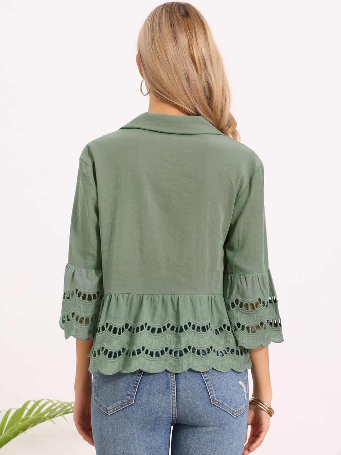 Allegra K 3/4 Bell SleeveTops for Women's Summer Casual Ruffle Hem Button Down Dressy Eyelet Blouse - Image 2