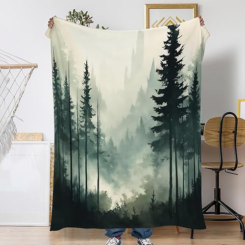 Throw Blanket for Couch,Foggy Forest Plush Fall Throw,Watercolor Trees Soft Fluf