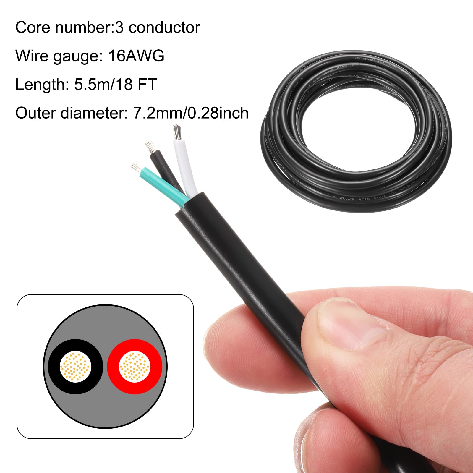 DMiotech 16AWG 16/3 3 Core CNC Wire (18 FT) UL2464 Tinned Copper Core 16 Gauge Cable Speaker Wire Electrical Wire Extension Cord for CNC Router Machine,Electrical Appliance - Image 2
